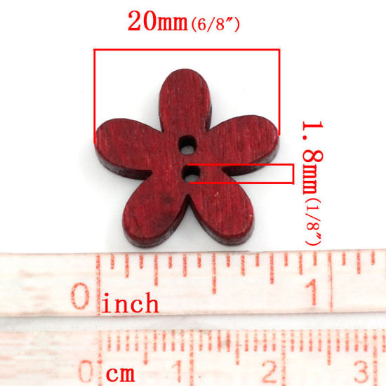 ウッド ボタン 花  ランダムな色 二つ穴 20mm x 19mm、 100 個 の画像