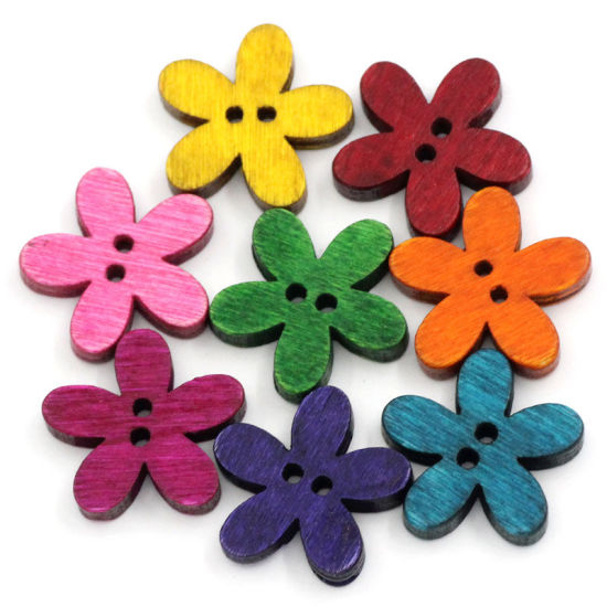 ウッド ボタン 花  ランダムな色 二つ穴 20mm x 19mm、 100 個 の画像