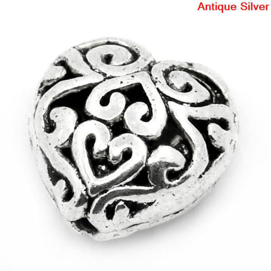 Immagine di Lega di Zinco Perline Cuore Argento Antico Intagliato Colore Placcato Come 13mmx 13mm, Foro: circa 1.2mm, 20 Pz