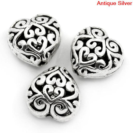 Immagine di Lega di Zinco Perline Cuore Argento Antico Intagliato Colore Placcato Come 13mmx 13mm, Foro: circa 1.2mm, 20 Pz