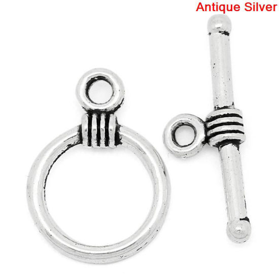 亜鉛合金 トグルクラスプ 円形 銀古美 11mm x 16mm 19mm x 6mm、 100 PCs の画像
