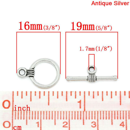 亜鉛合金 トグルクラスプ 円形 銀古美 11mm x 16mm 19mm x 6mm、 100 PCs の画像