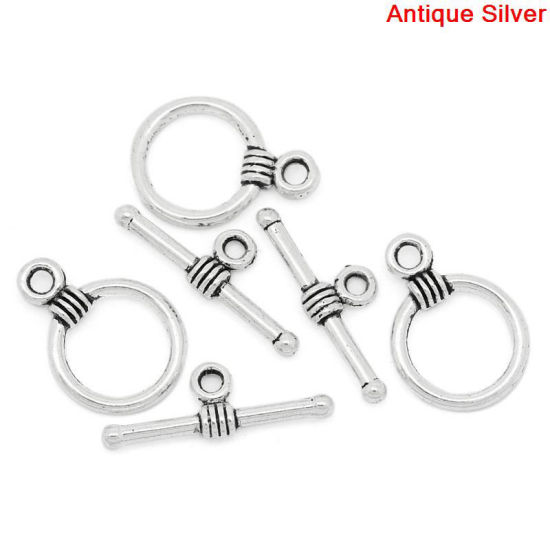 亜鉛合金 トグルクラスプ 円形 銀古美 11mm x 16mm 19mm x 6mm、 100 PCs の画像