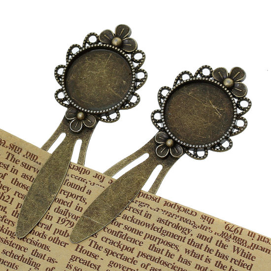 Image de Marque-pages en Alliage de Zinc(Sans plomb ni nickel) Forme Rond Bronze antique Fleurs, 8.3cm x 28.0mm,Taille à Incruster: 20mm Dia, 5 Pièces 