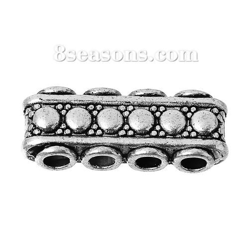 Bild von Zinklegierung Zwischenperlen Spacer Perlen 4 Löcher Rechteck Antiksilber Punkt ca. 19mm x 7mm, Loch:ca. 2.4mm, 50 Stück