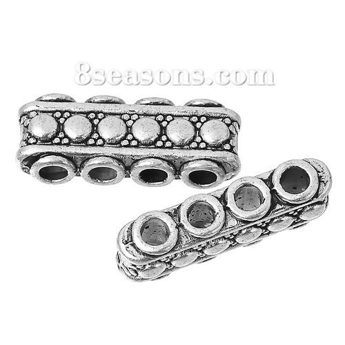 Bild von Zinklegierung Zwischenperlen Spacer Perlen 4 Löcher Rechteck Antiksilber Punkt ca. 19mm x 7mm, Loch:ca. 2.4mm, 50 Stück