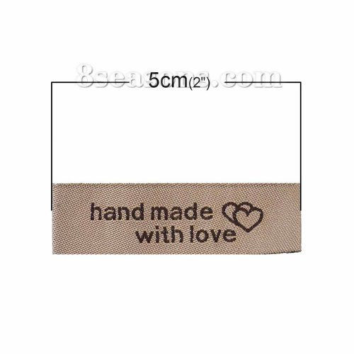 テリレン 織りネームDIY スクラップブッキング クラフト 長方形 ライトコーヒー ハートパターン " Hand Made With Love" 50mm x 15mm、 50 個 の画像