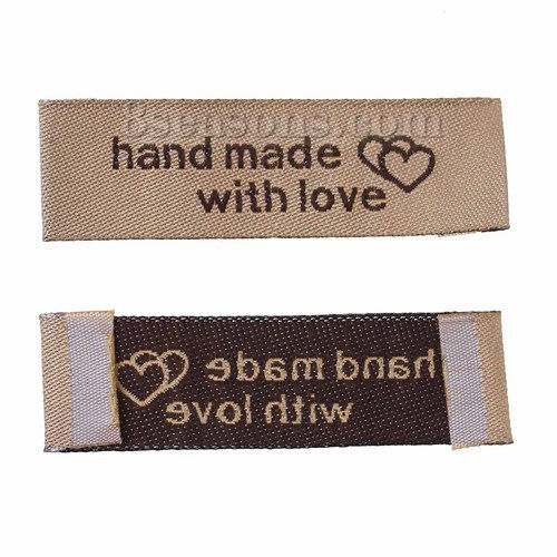 テリレン 織りネームDIY スクラップブッキング クラフト 長方形 ライトコーヒー ハートパターン " Hand Made With Love" 50mm x 15mm、 50 個 の画像