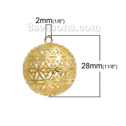 真鍮 生命の花 ペンダント 円形 金メッキ 透かし彫刻 28mmx 25mm、 1 個 の画像