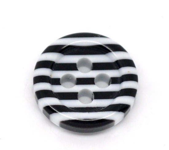 Picture of 8 PCs Resin Sewing Buttons Scrapbooking 4 Holes Round Zebra Stripe Black & White 11mm Dia.