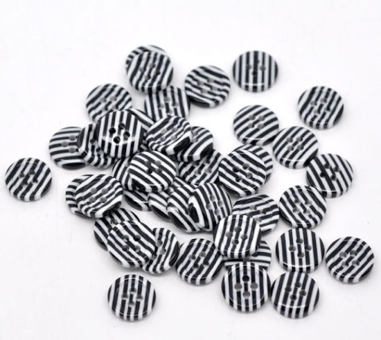 Picture of 8 PCs Resin Sewing Buttons Scrapbooking 4 Holes Round Zebra Stripe Black & White 11mm Dia.