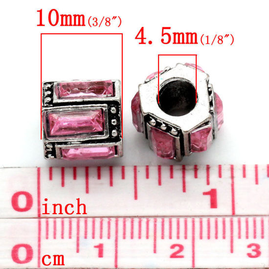Image de Perles à Gros Trou au Style Européen en Alliage de Zinc Colonne à Strass Rose 12mm x 11mm, Tailles de Trous: 4.5mm, 10 Pcs