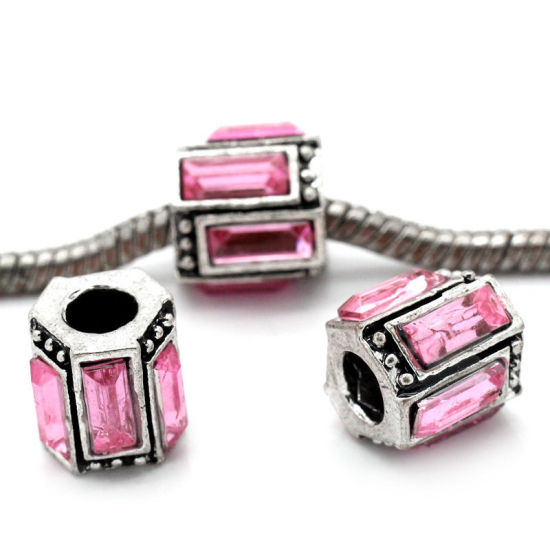 Image de Perles à Gros Trou au Style Européen en Alliage de Zinc Colonne à Strass Rose 12mm x 11mm, Tailles de Trous: 4.5mm, 10 Pcs