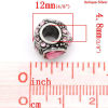 Picture of Zinc Metal Alloy European Style Large Hole Charm Beads Love Heart Antique Silver Pink Rhinestone About 12mm x 10mm, Hole: Approx 4.8mm, 10 PCs