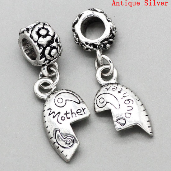 Image de Pendentifs Perle Dangle à Gros Trou au Style Européen en Alliage de Zinc Cœur Brisé Irrégulier Argent Vieilli Gravé Mots " MOTHER DAUGHTER " 29mm x 20mm, 10 Kits