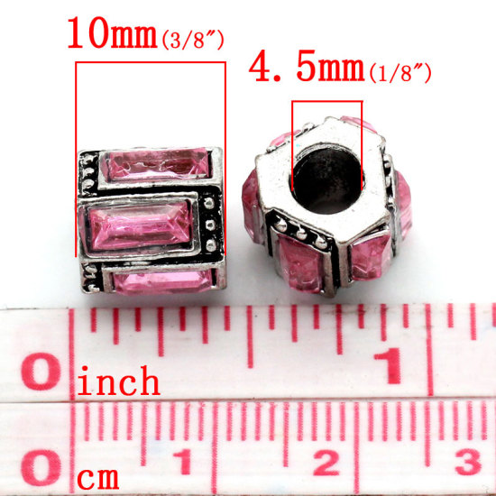 Image de Perles à Gros Trou au Style Européen en Alliage de Zinc Colonne à Strass Rose 12mm x 11mm, Tailles de Trous: 4.5mm, 10 Pcs