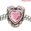 Picture of Zinc Metal Alloy European Style Large Hole Charm Beads Love Heart Antique Silver Pink Rhinestone About 12mm x 10mm, Hole: Approx 4.8mm, 10 PCs
