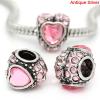 Picture of Zinc Metal Alloy European Style Large Hole Charm Beads Love Heart Antique Silver Pink Rhinestone About 12mm x 10mm, Hole: Approx 4.8mm, 10 PCs