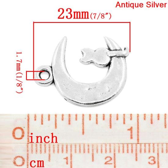 Picture of Zinc Based Alloy Charms Half Moon Antique Silver Cat Carved 23mm( 7/8") x 18mm( 6/8"), 50 PCs