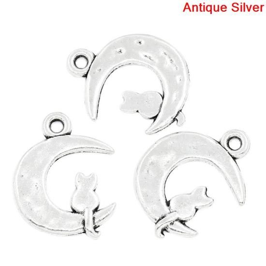 Picture of Zinc Based Alloy Charms Half Moon Antique Silver Cat Carved 23mm( 7/8") x 18mm( 6/8"), 50 PCs