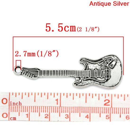 亜鉛合金 チャームペンダント ギター 銀古美 5.5cm x 18.0mm、 10 PCs  の画像
