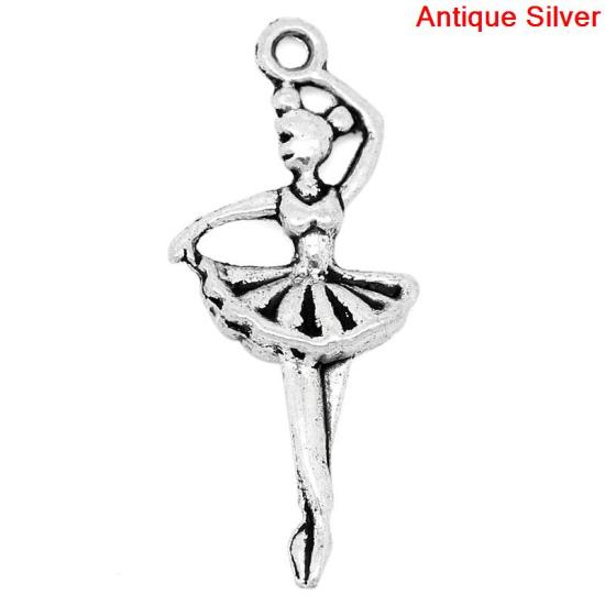 Immagine di Lega di Zinco Charm Ciondoli Ragazza ballante Argento Antico Uomini Disegno 29mm x 12mm, 50 Pz