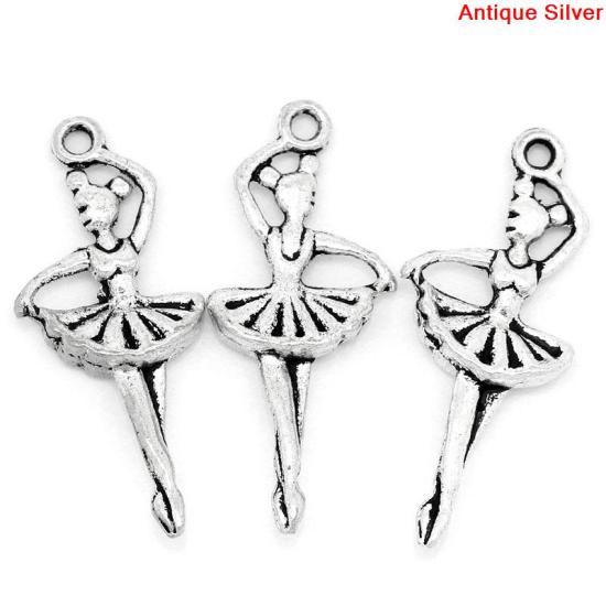 Immagine di Lega di Zinco Charm Ciondoli Ragazza ballante Argento Antico Uomini Disegno 29mm x 12mm, 50 Pz
