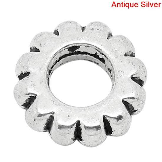Image de Perles à Gros Trou au Style Européen en Alliage de Zinc Roue Argent Antique 12mm x 12mm, Tailles de Trous: 5.2mm, 50 Pcs