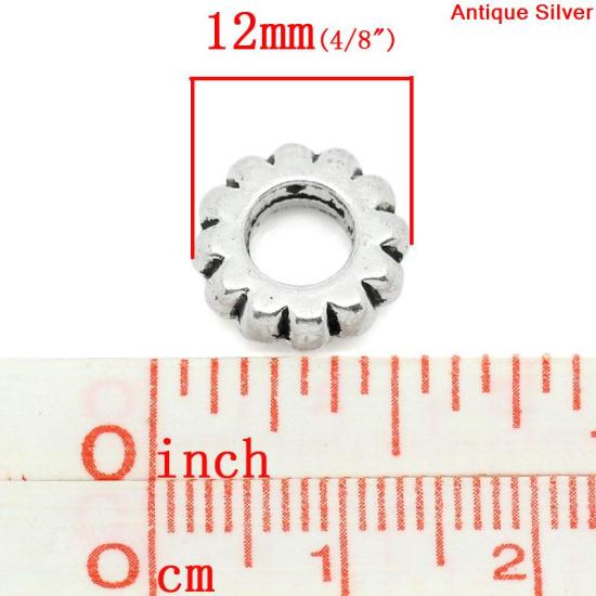 Image de Perles à Gros Trou au Style Européen en Alliage de Zinc Roue Argent Antique 12mm x 12mm, Tailles de Trous: 5.2mm, 50 Pcs