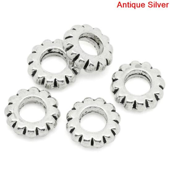 Image de Perles à Gros Trou au Style Européen en Alliage de Zinc Roue Argent Antique 12mm x 12mm, Tailles de Trous: 5.2mm, 50 Pcs