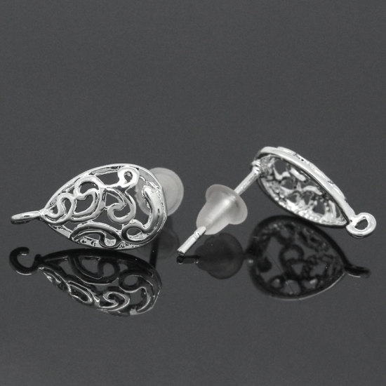 Image de Apprêts de Boucles d'Oreilles Puces en Laiton avec Boucle & Embouts Forme Goutte d'eau argenté Fleurs Creuses 15mm x 13mm, Epaisseur de Fil: (20 gauge), 10 Pcs