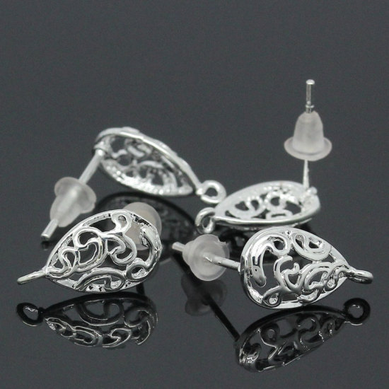 Image de Apprêts de Boucles d'Oreilles Puces en Laiton avec Boucle & Embouts Forme Goutte d'eau argenté Fleurs Creuses 15mm x 13mm, Epaisseur de Fil: (20 gauge), 10 Pcs