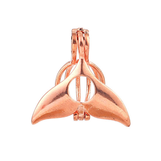 Picture of Copper Wish Pearl Locket Jewelry Pendants Whale Tail Rose Gold Can Open (Fit Bead Size: 8mm) 23mm( 7/8") x 23mm( 7/8"), 2 PCs