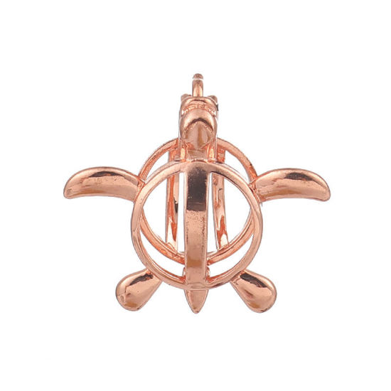 Picture of Copper Wish Pearl Locket Jewelry Pendants Sea Turtle Animal Rose Gold Can Open (Fit Bead Size: 8mm) 25mm(1") x 22mm( 7/8"), 2 PCs