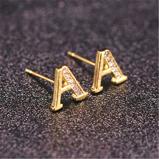 Image de Boucles d'Oreilles Puces en Laiton Doré Lettre Mots" A " à Zircone Cubique Clair 10mm x 8mm , 1 Paire