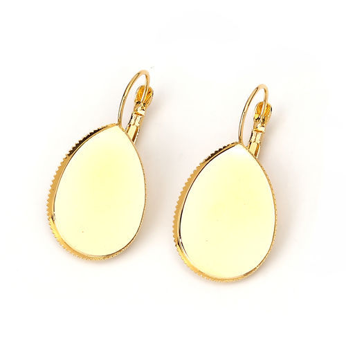 Picture of Brass Lever Back Clips Earrings Drop Gold Plated Cabochon Settings (Fits 25mmx18mm) 37mm(1 4/8") x 20mm( 6/8"), Post/ Wire Size: (19 gauge), 10 PCs