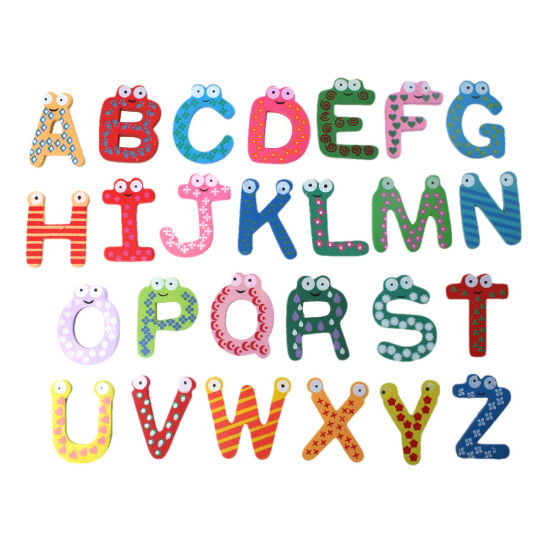 Image de Aimant Frigo en Bois Naturel Couleur au Hasard Lettre "A-Z" Couleur au Hasard 5.5cm x 5.3cm - 5.8cm x 3.8cm , 2 Kits(26 PCs/Kit)