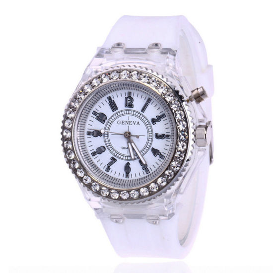 Image de Montres de Poignet en Silicone Rond Chiffres Réglable Blanc à Strass Transparent (Piles Inclus) 25.2cm Long, 1 Pièce