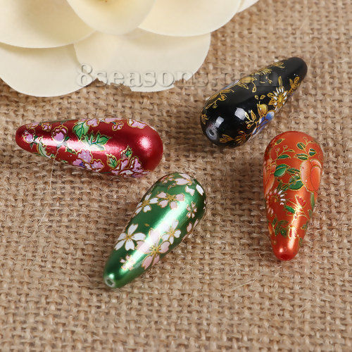 Image de Perles en Acrylique Peinture Japonaise Vintage Japonais Tensha Goutte d'Eau Couleur au Hasard Fleurs 32mm x 13mm, Taille de Trou: 1.5mm, 3 Pcs