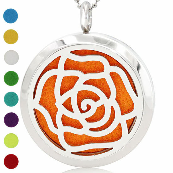 Image de Pendentif Médaillon Huile Essentielle Diffuseur en 316L Acier Inoxydable Rond Argent Mat Fleurs Pouvoir Ouvrir 30mm Dia. 1 Pièce