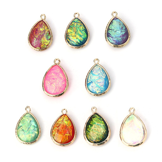Image de Breloques en Cuivre & Résine AB Couleur Irisation Aurores Boréales Goutte d'Eau Or Clair Bleu 23mm x 15mm - 22mm x 14mm, 5 Pcs