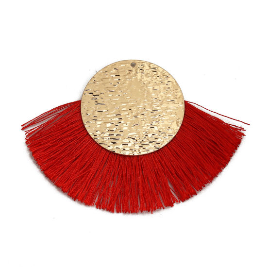 Image de Pendentifs Franges en Polyester Rond Doré Rouge 70mm x 50mm, 3 Pcs
