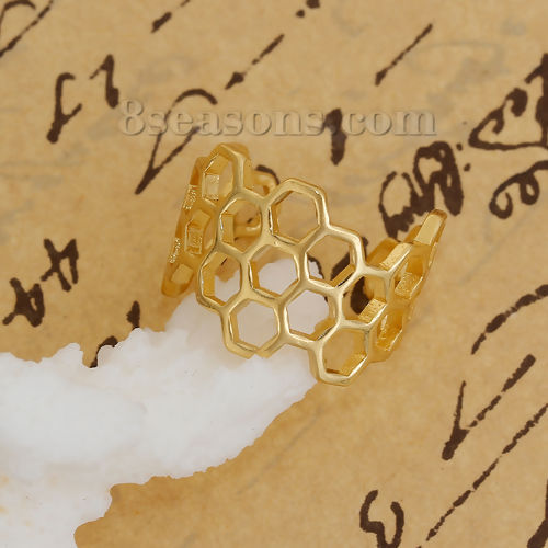 真鍮 オープン リング 指輪 ハニカム 金メッキ 透かし 16.5mm（日本サイズ約11号）、 1 個 の画像