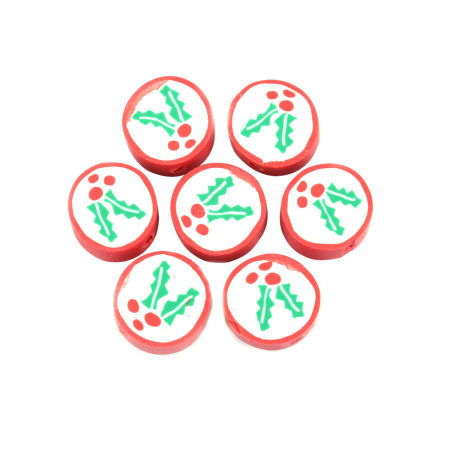 Perles en Pâte Polymère Rond Multicolore Feuilles 12mm Dia, Taille de Trou: 2.3mm, 40 Pcs