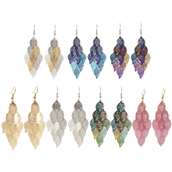 Image de Boucles d'Oreilles Crochets Estampe en Filigrane en Laiton Feuille Creux Doré & Argent Mat 80mm, Epaisseur de Fil: (21 gauge), 1 Paire