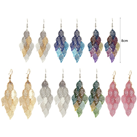 Image de Boucles d'Oreilles Crochets Estampe en Filigrane en Laiton Feuille Creux Doré & Argent Mat 80mm, Epaisseur de Fil: (21 gauge), 1 Paire