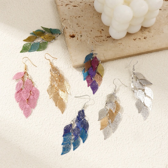 Image de Boucles d'Oreilles Crochets Estampe en Filigrane en Laiton Feuille Creux Doré & Argent Mat 80mm, Epaisseur de Fil: (21 gauge), 1 Paire