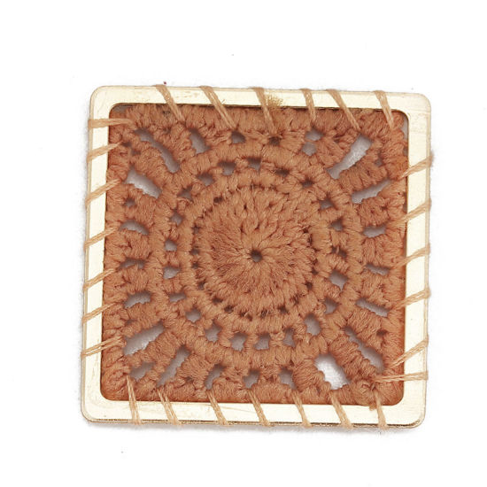 Image de Connecteurs en Polyester Carré Orange Clair Doré Tissé 30mm x 30mm, 5 Pcs