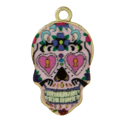 Picture of Zinc Based Alloy Day Of The Dead Charms Sugar Skull Heart Flower Pattern Enamel 