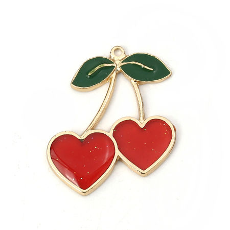 Lega di Zinco Ciondoli Ciliegia Oro Placcato Rosso Smalto 30mm x 27mm , 5 Pz